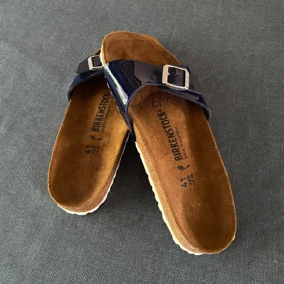 Birkenstock Madrid Birko Flor Narrow Blue Patent Leather Sandal Size 41 L10 M8 - Picture 4 of 8